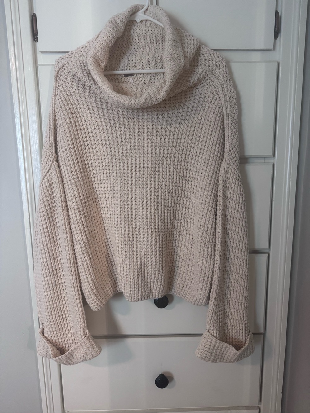 Free People Neutral Cream Waffle Cowl Turtleneck Sweater